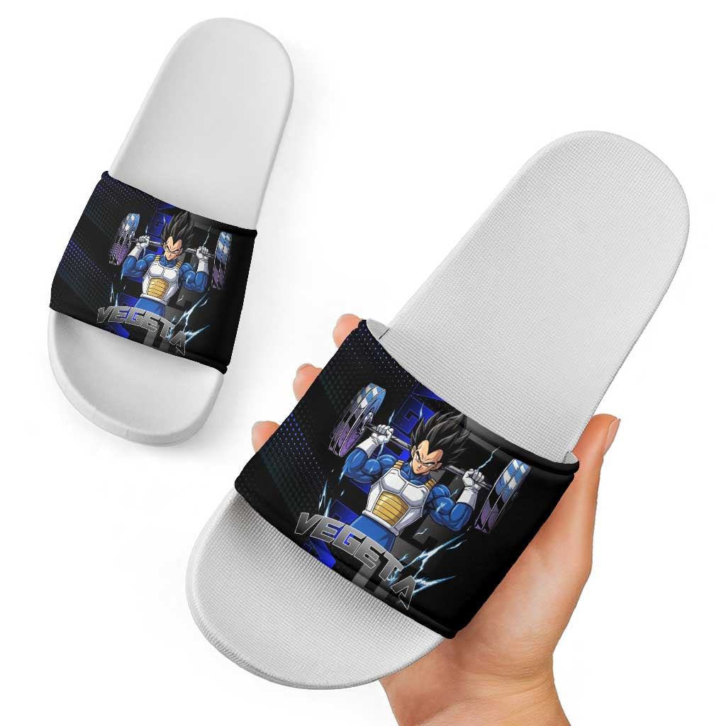 Vegeta Gym Theme Black and Blue Design Slide Sandals with Powerlifting Pose and Saiyan Armor Style - The Mazicc