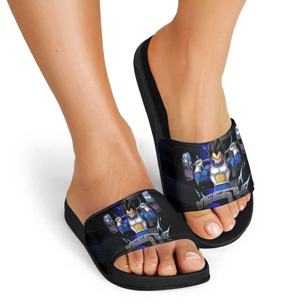 Vegeta Gym Theme Black and Blue Design Slide Sandals with Powerlifting Pose and Saiyan Armor Style - The Mazicc