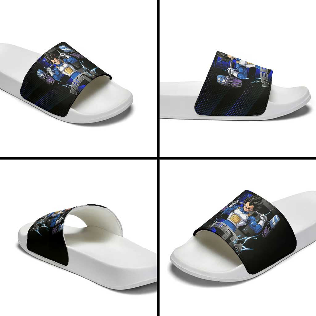 Vegeta Gym Theme Black and Blue Design Slide Sandals with Powerlifting Pose and Saiyan Armor Style - The Mazicc
