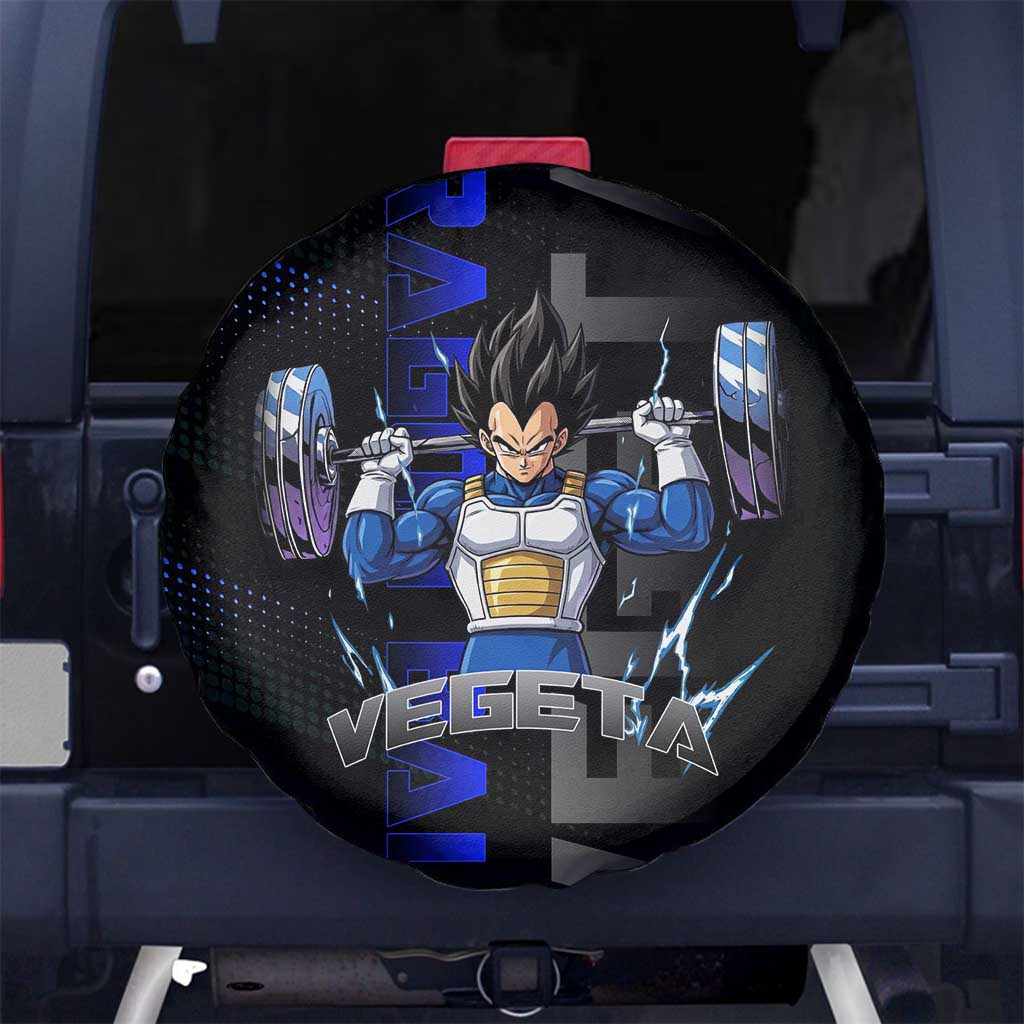 Vegeta Gym Theme Black and Blue Design Spare Tire Cover with Powerlifting Pose and Saiyan Armor Style - The Mazicc