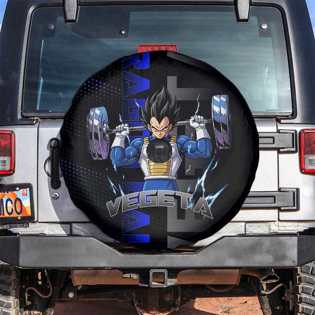 Vegeta Gym Theme Black and Blue Design Spare Tire Cover with Powerlifting Pose and Saiyan Armor Style - The Mazicc