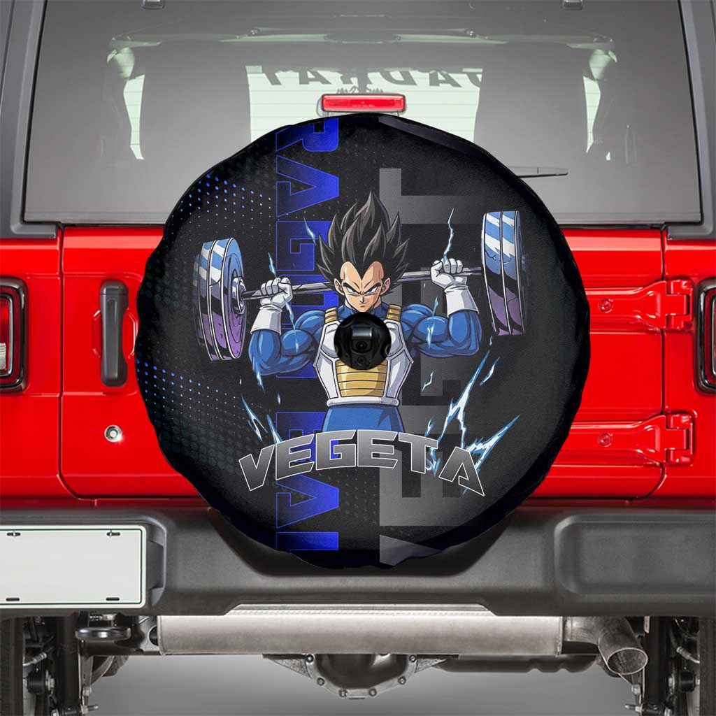 Vegeta Gym Theme Black and Blue Design Spare Tire Cover with Powerlifting Pose and Saiyan Armor Style - The Mazicc