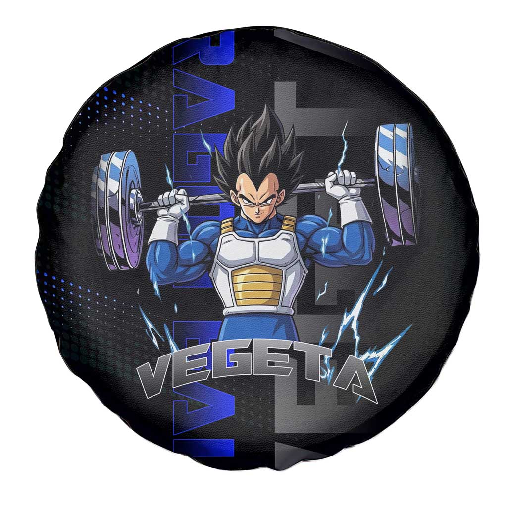 Vegeta Gym Theme Black and Blue Design Spare Tire Cover with Powerlifting Pose and Saiyan Armor Style - The Mazicc