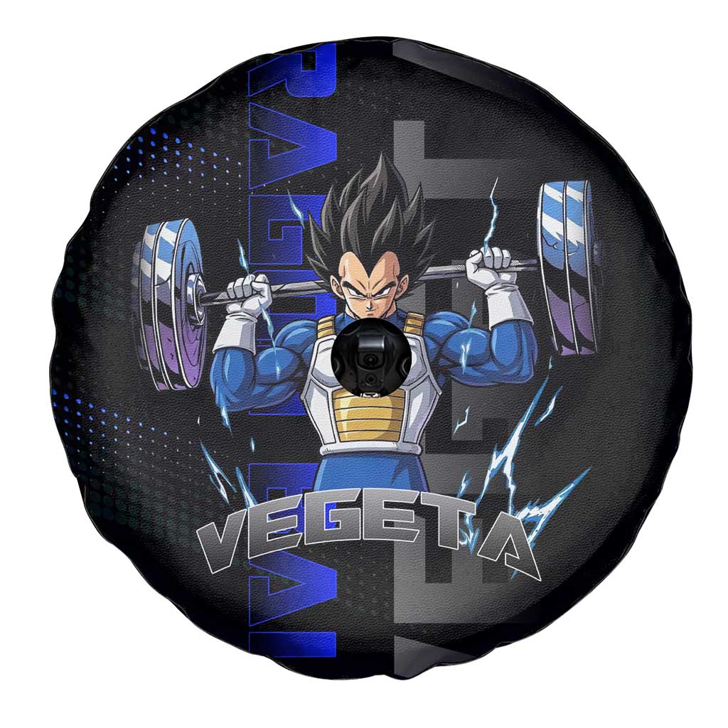 Vegeta Gym Theme Black and Blue Design Spare Tire Cover with Powerlifting Pose and Saiyan Armor Style - The Mazicc