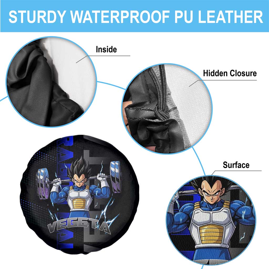 Vegeta Gym Theme Black and Blue Design Spare Tire Cover with Powerlifting Pose and Saiyan Armor Style - The Mazicc