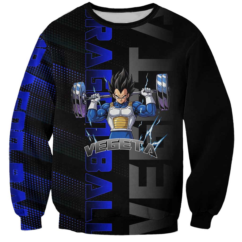 Vegeta Gym Theme Black and Blue Design Sweatshirt with Powerlifting Pose and Saiyan Armor Style - The Mazicc