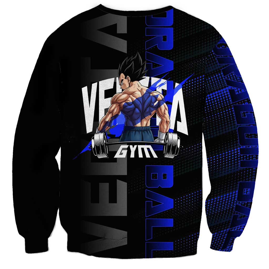 Vegeta Gym Theme Black and Blue Design Sweatshirt with Powerlifting Pose and Saiyan Armor Style - The Mazicc