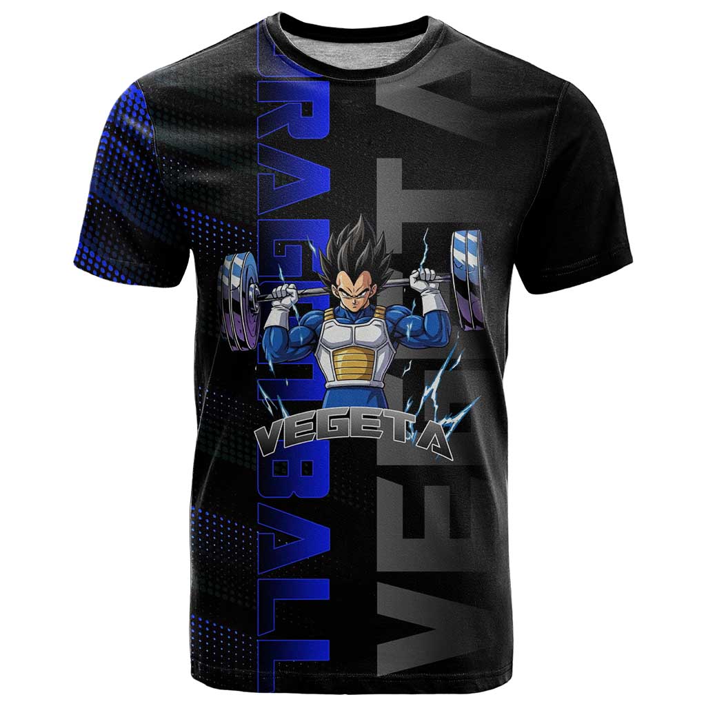 Vegeta Gym Theme Black and Blue Design T Shirt with Powerlifting Pose and Saiyan Armor Style - The Mazicc