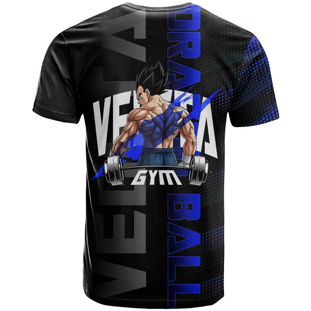 Vegeta Gym Theme Black and Blue Design T Shirt with Powerlifting Pose and Saiyan Armor Style - The Mazicc