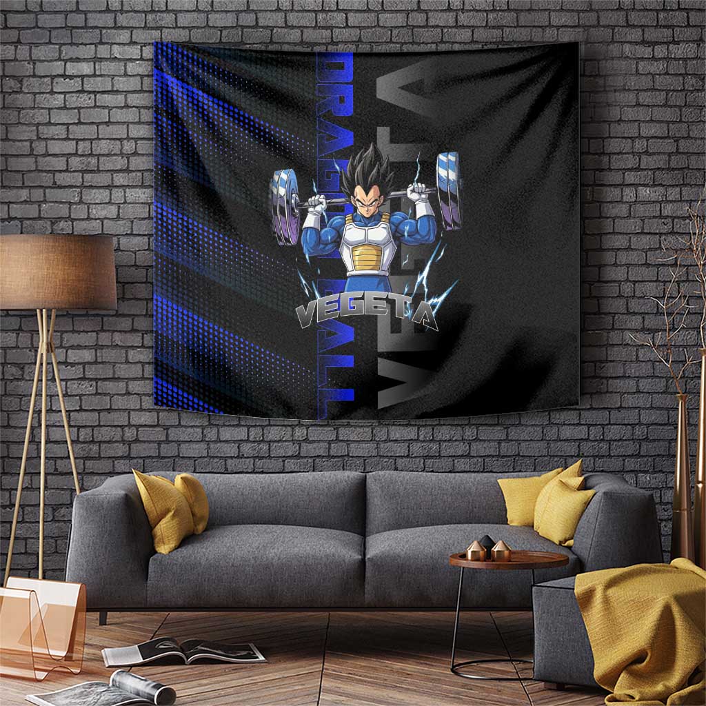Vegeta Gym Theme Black and Blue Design Tapestry with Powerlifting Pose and Saiyan Armor Style - The Mazicc