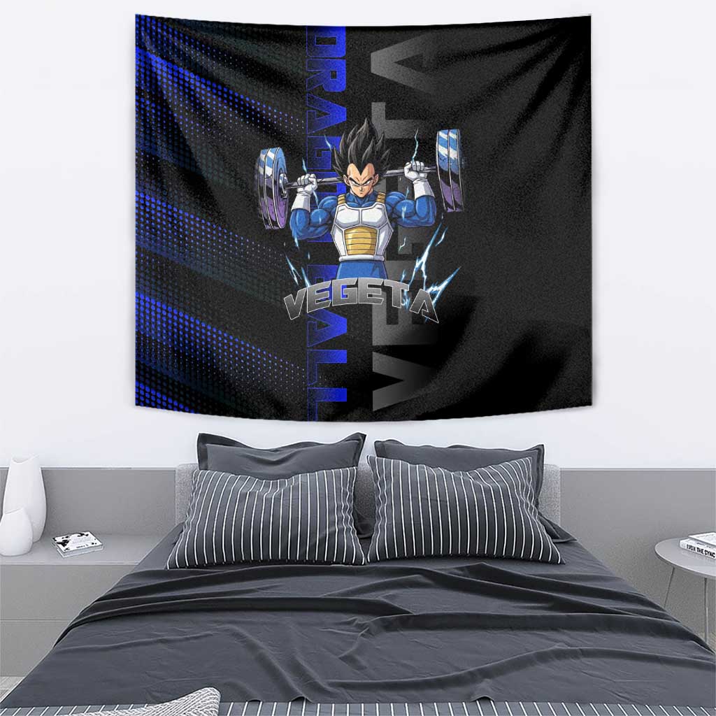 Vegeta Gym Theme Black and Blue Design Tapestry with Powerlifting Pose and Saiyan Armor Style - The Mazicc