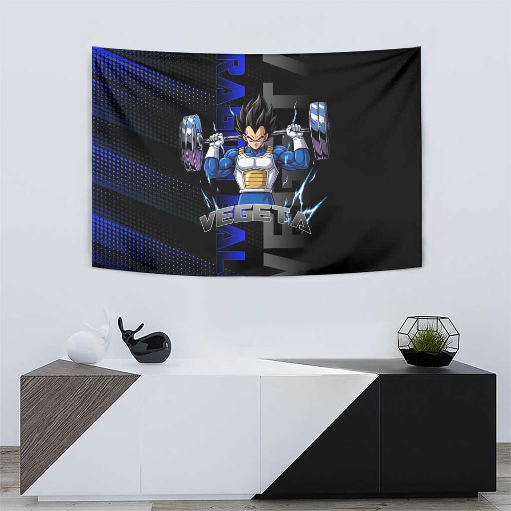 Vegeta Gym Theme Black and Blue Design Tapestry with Powerlifting Pose and Saiyan Armor Style - The Mazicc