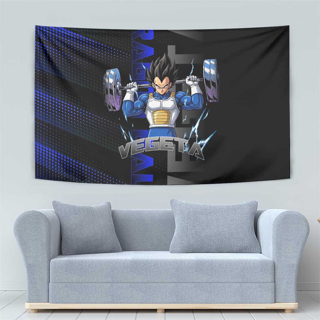 Vegeta Gym Theme Black and Blue Design Tapestry with Powerlifting Pose and Saiyan Armor Style - The Mazicc