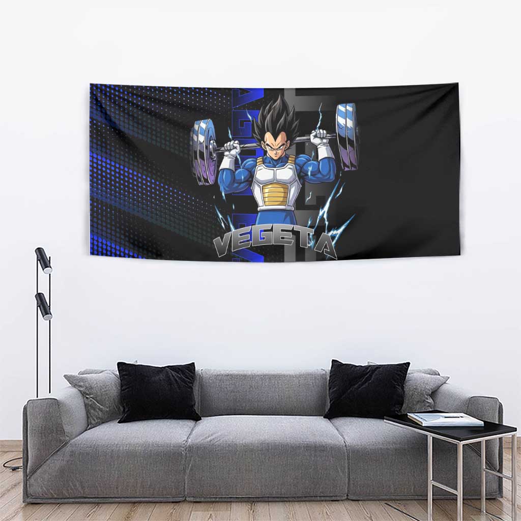 Vegeta Gym Theme Black and Blue Design Tapestry with Powerlifting Pose and Saiyan Armor Style - The Mazicc