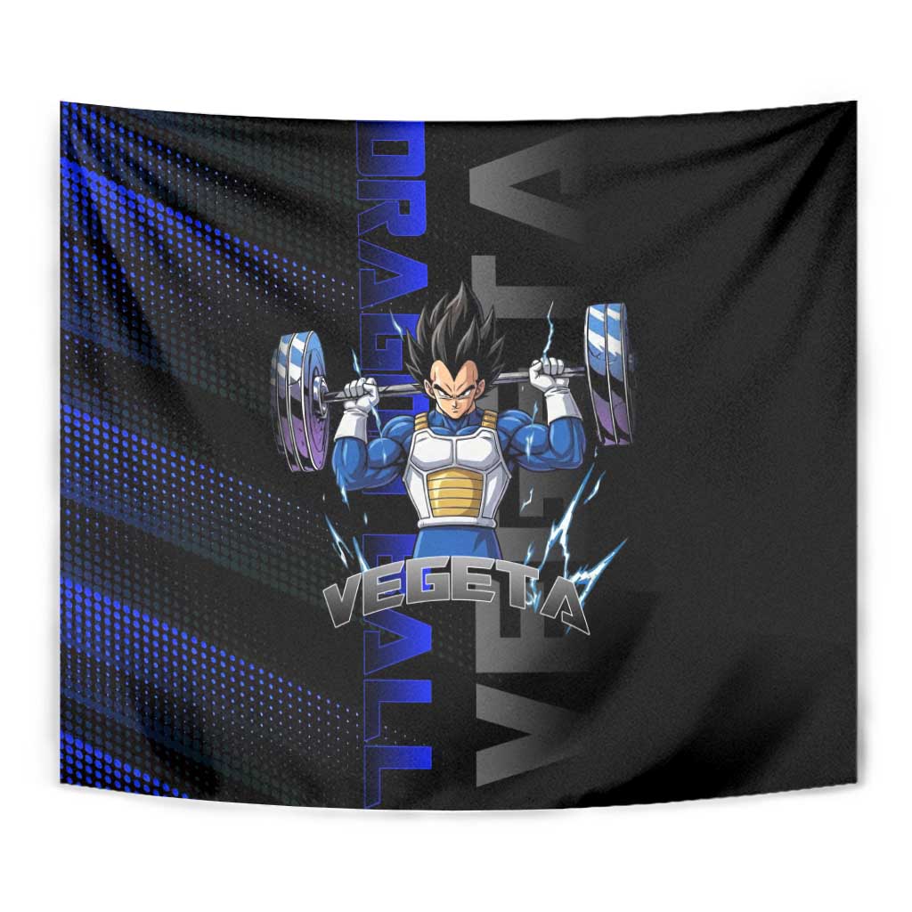 Vegeta Gym Theme Black and Blue Design Tapestry with Powerlifting Pose and Saiyan Armor Style - The Mazicc