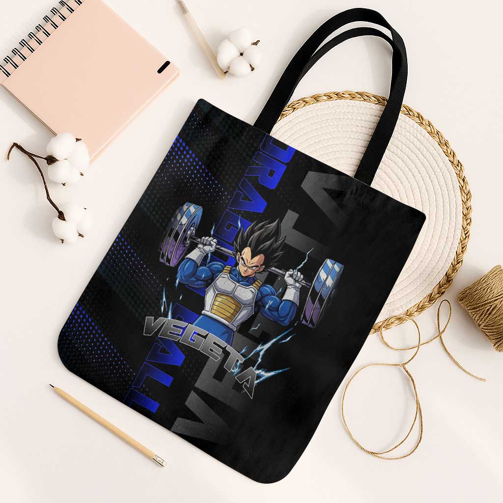 Vegeta Gym Theme Black and Blue Design Tote Bag with Powerlifting Pose and Saiyan Armor Style - The Mazicc