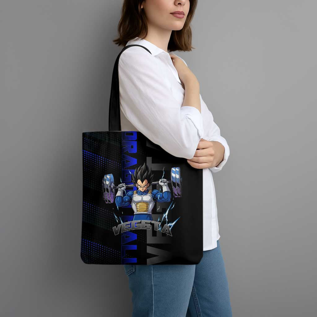Vegeta Gym Theme Black and Blue Design Tote Bag with Powerlifting Pose and Saiyan Armor Style - The Mazicc