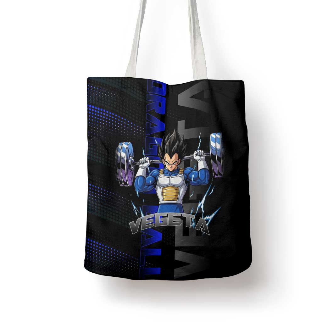 Vegeta Gym Theme Black and Blue Design Tote Bag with Powerlifting Pose and Saiyan Armor Style - The Mazicc