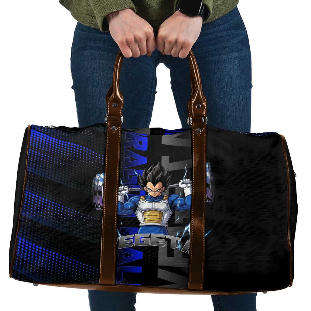 Vegeta Gym Theme Black and Blue Design Travel Bag with Powerlifting Pose and Saiyan Armor Style - The Mazicc
