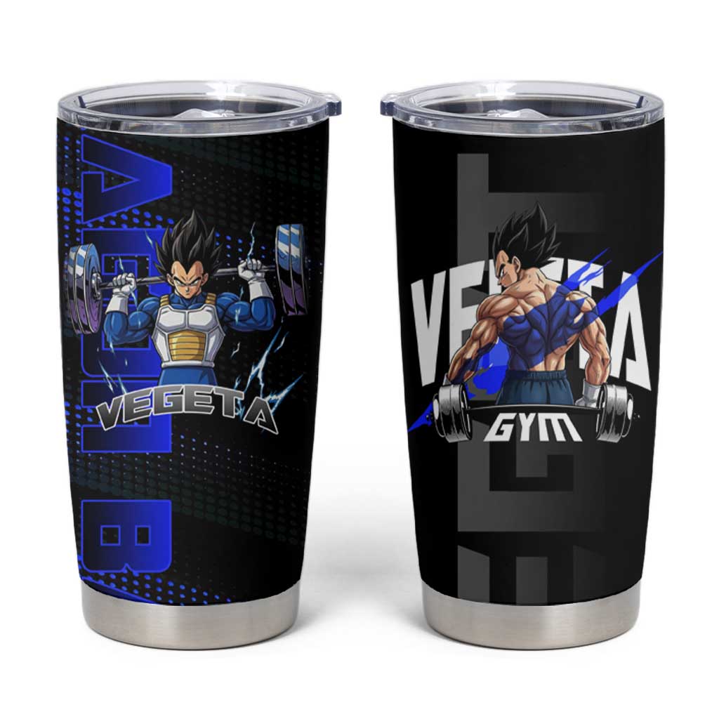 Vegeta Gym Theme Black and Blue Design Tumbler Cup with Powerlifting Pose and Saiyan Armor Style - The Mazicc