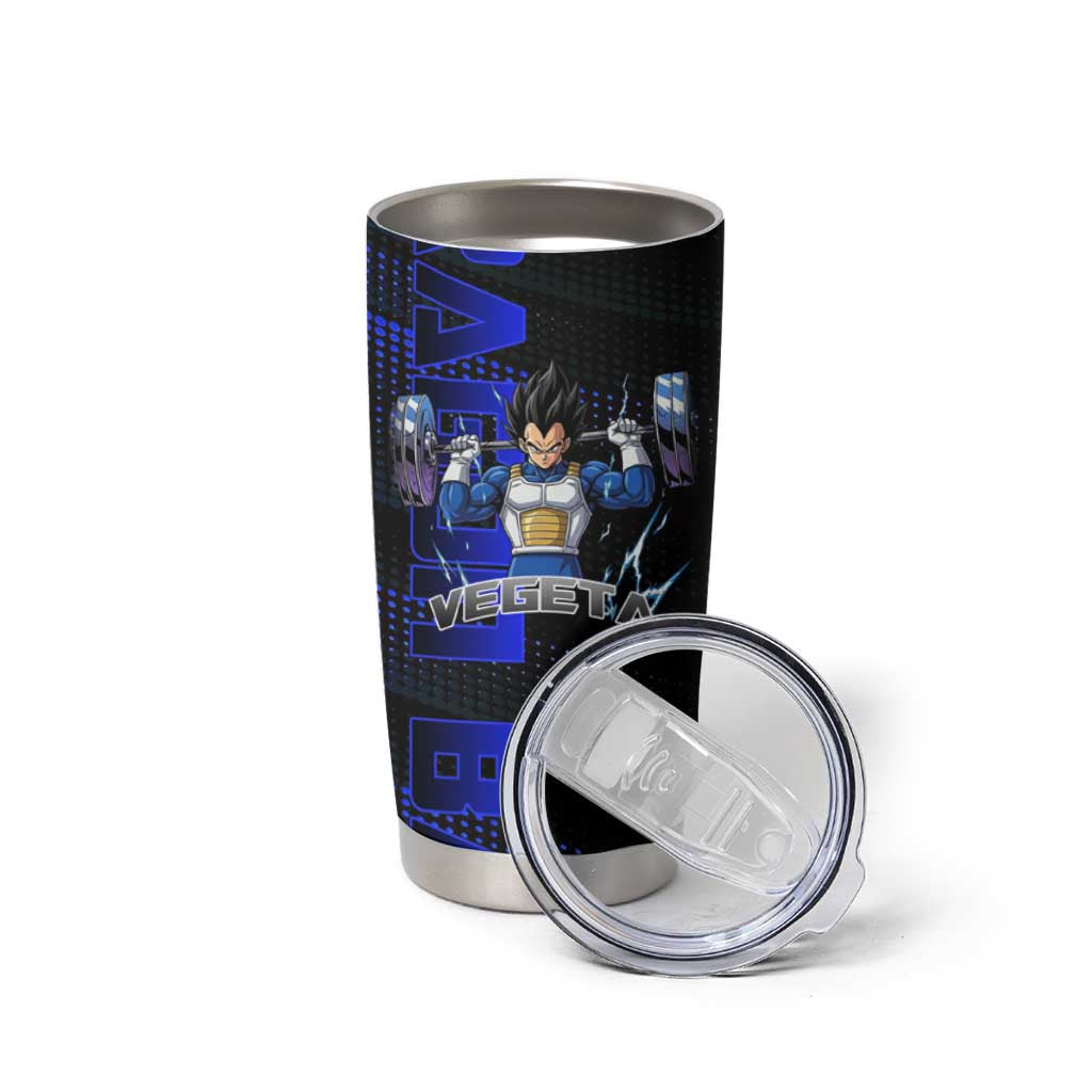 Vegeta Gym Theme Black and Blue Design Tumbler Cup with Powerlifting Pose and Saiyan Armor Style - The Mazicc