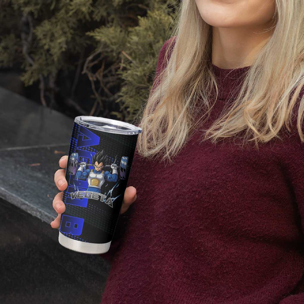 Vegeta Gym Theme Black and Blue Design Tumbler Cup with Powerlifting Pose and Saiyan Armor Style - The Mazicc