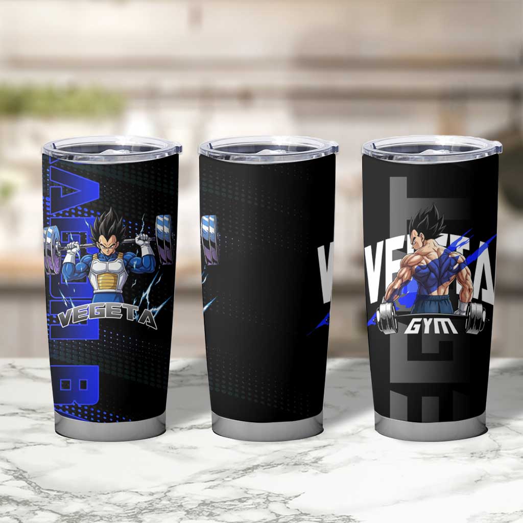 Vegeta Gym Theme Black and Blue Design Tumbler Cup with Powerlifting Pose and Saiyan Armor Style - The Mazicc