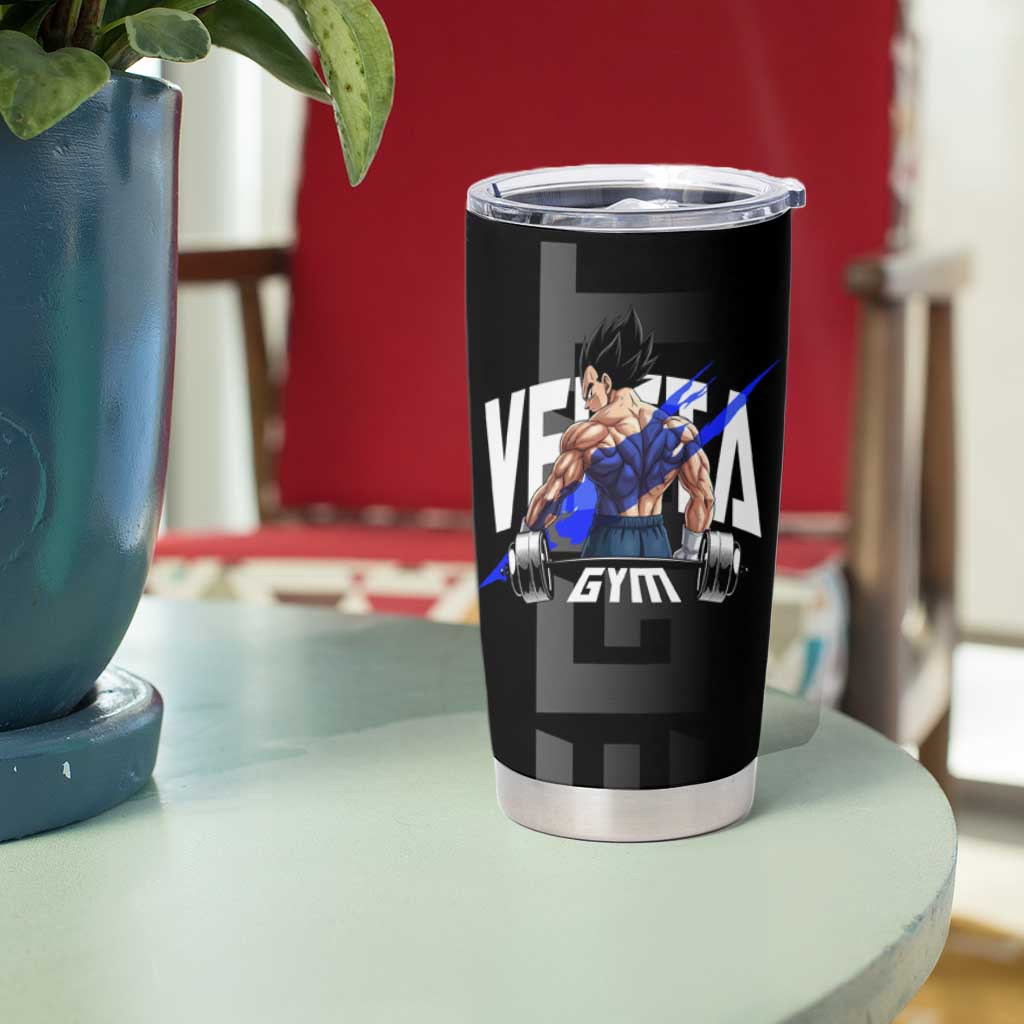 Vegeta Gym Theme Black and Blue Design Tumbler Cup with Powerlifting Pose and Saiyan Armor Style - The Mazicc