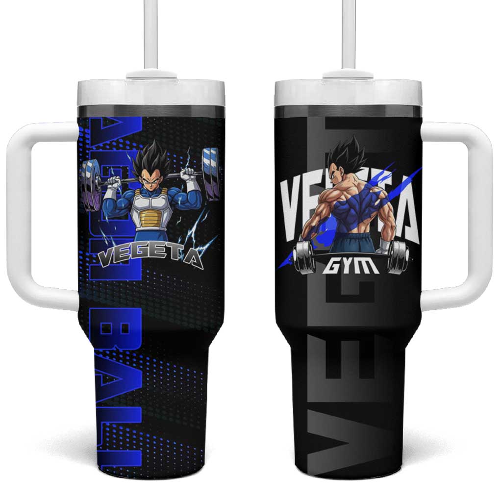 Vegeta Gym Theme Black and Blue Design Tumbler With Handle with Powerlifting Pose and Saiyan Armor Style - The Mazicc