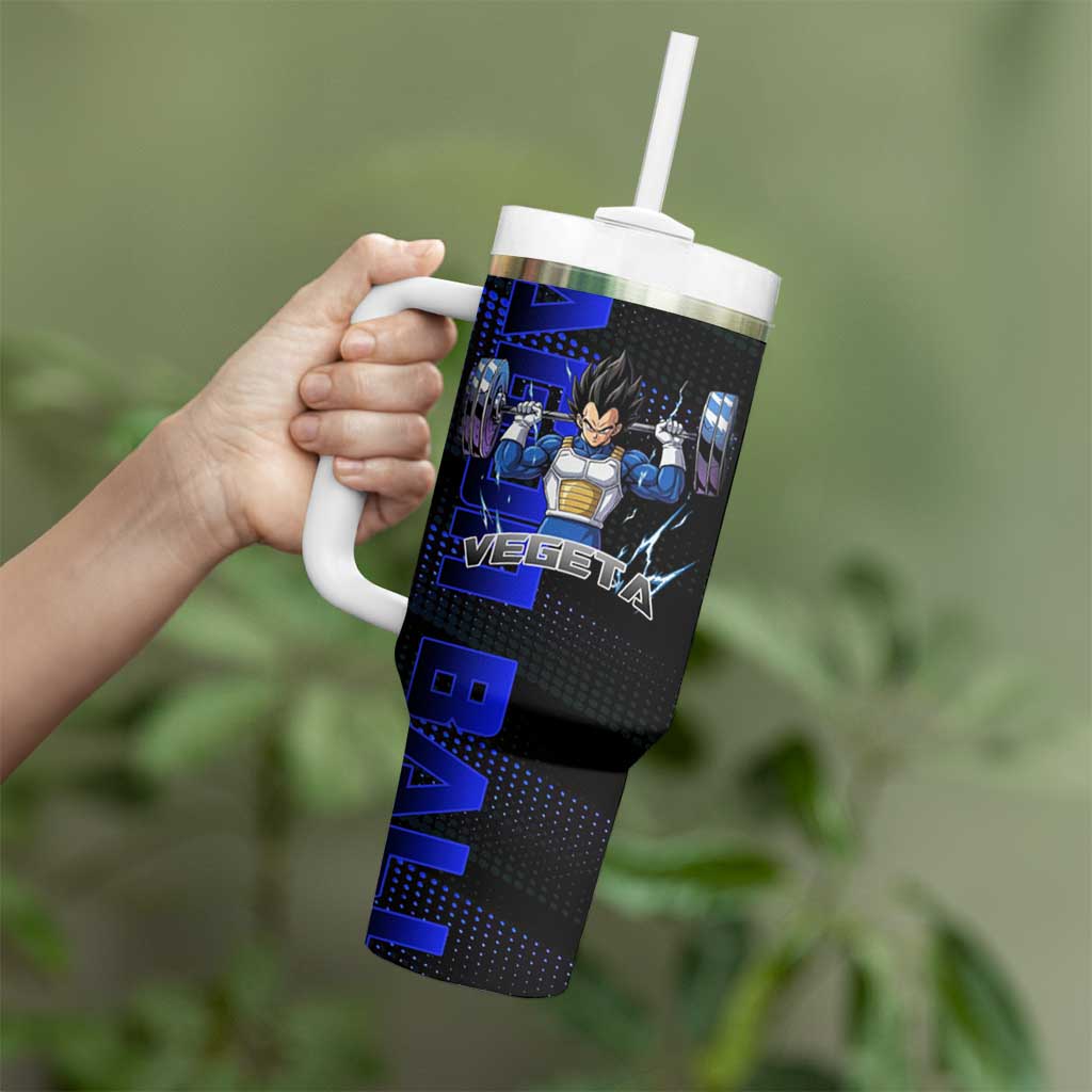 Vegeta Gym Theme Black and Blue Design Tumbler With Handle with Powerlifting Pose and Saiyan Armor Style - The Mazicc