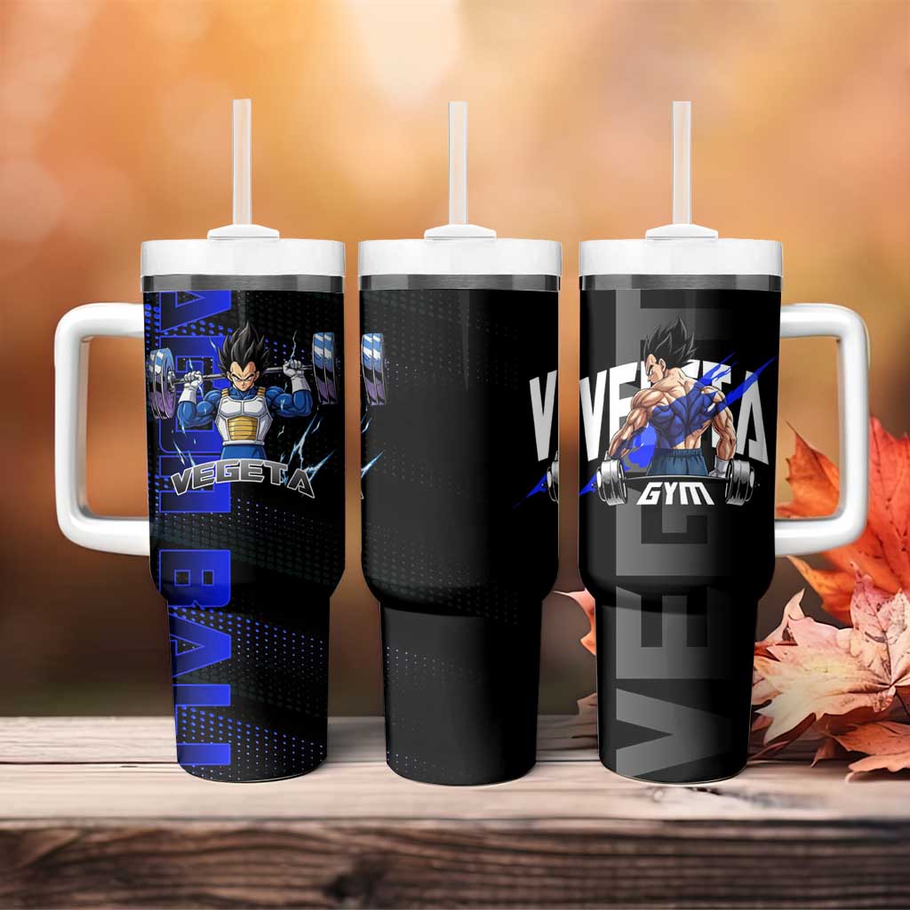 Vegeta Gym Theme Black and Blue Design Tumbler With Handle with Powerlifting Pose and Saiyan Armor Style - The Mazicc