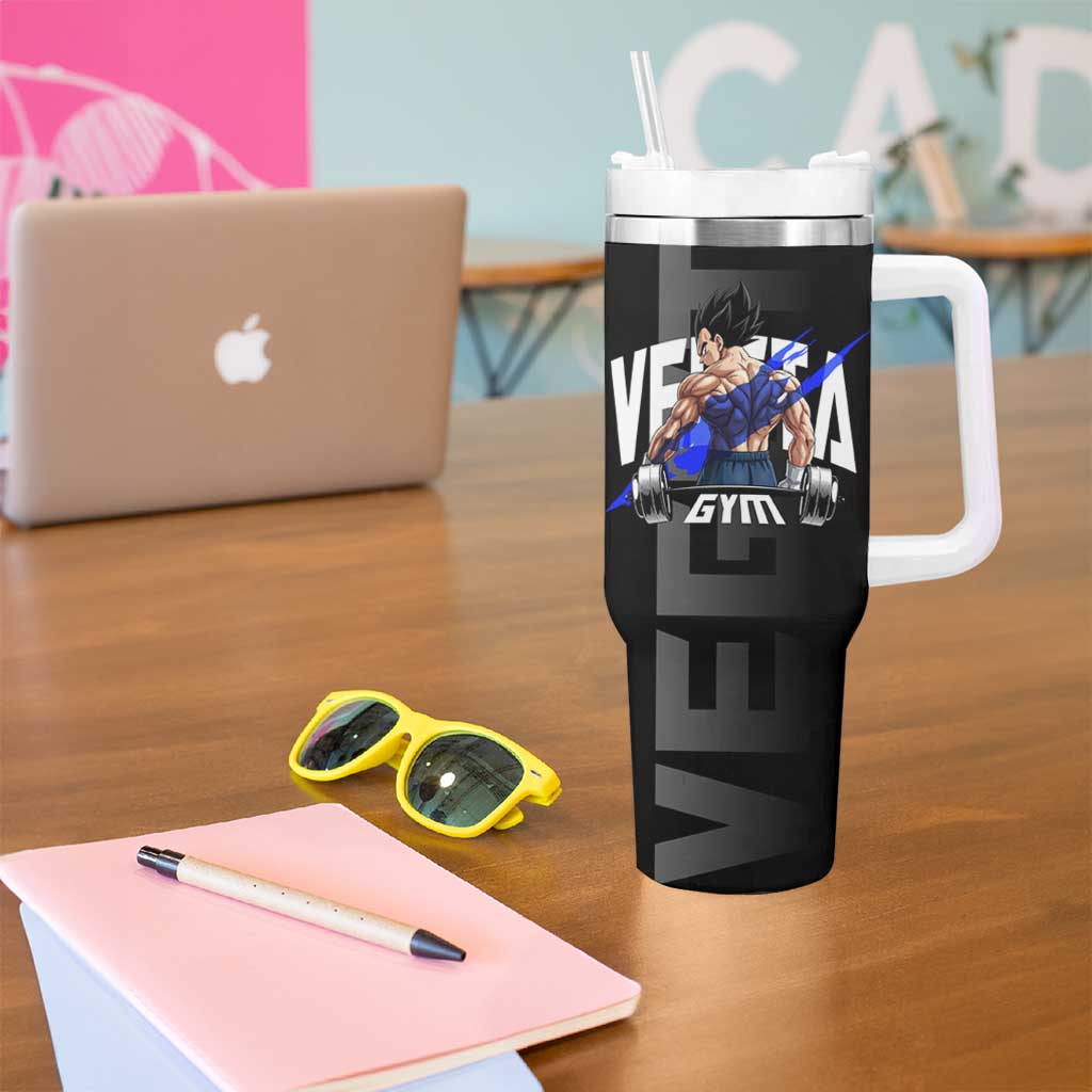 Vegeta Gym Theme Black and Blue Design Tumbler With Handle with Powerlifting Pose and Saiyan Armor Style - The Mazicc