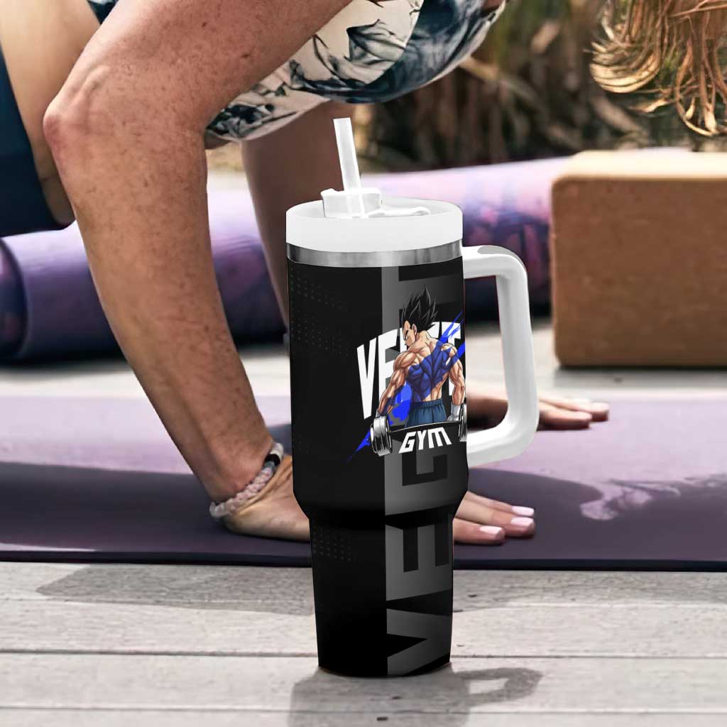 Vegeta Gym Theme Black and Blue Design Tumbler With Handle with Powerlifting Pose and Saiyan Armor Style - The Mazicc