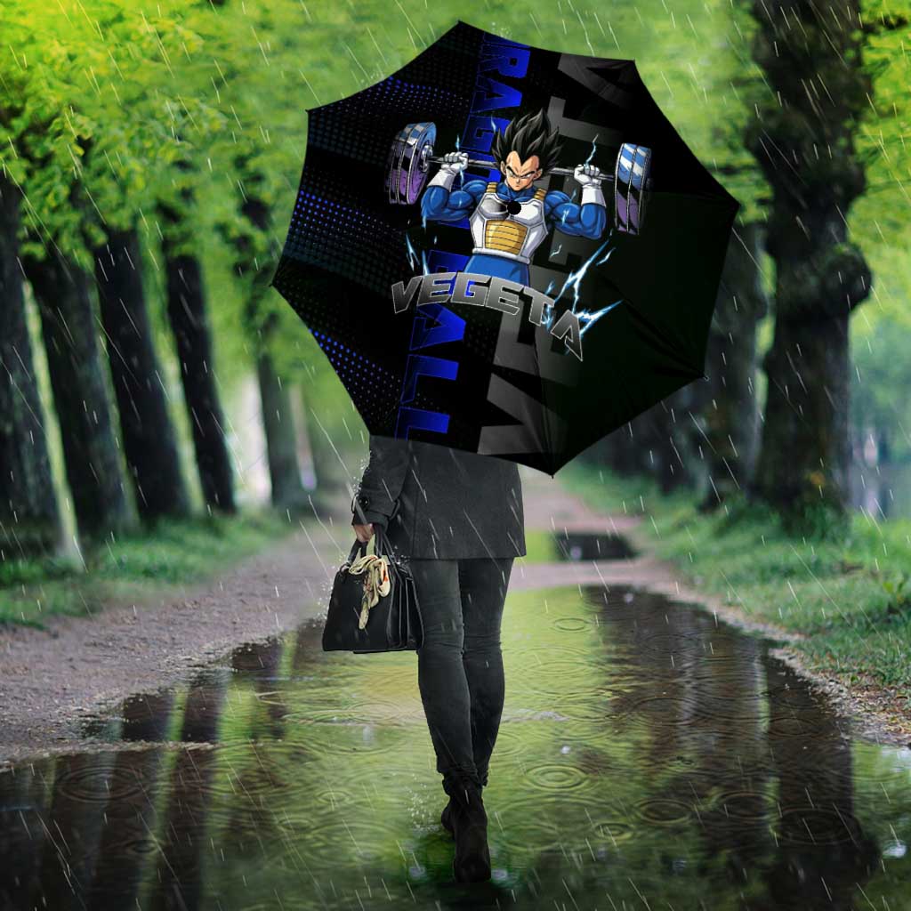 Vegeta Gym Theme Black and Blue Design Umbrella with Powerlifting Pose and Saiyan Armor Style - The Mazicc