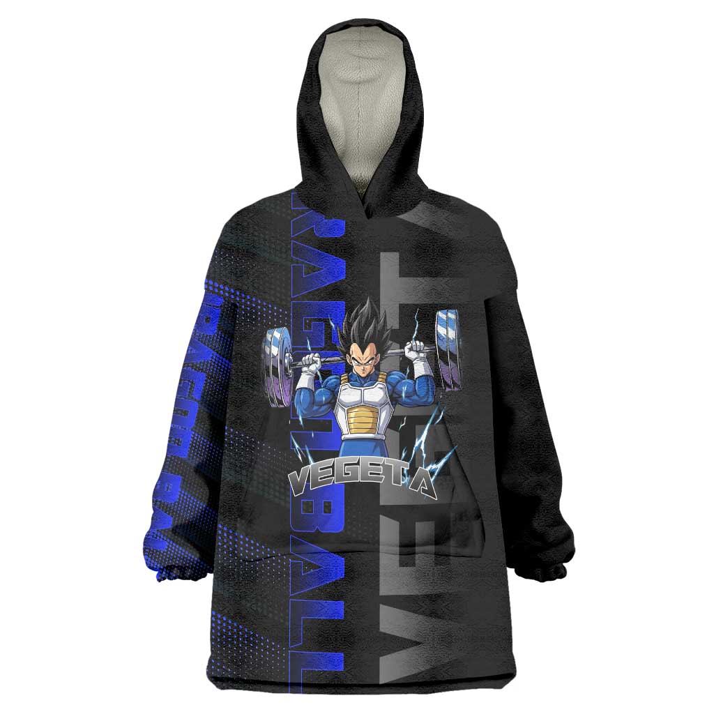 Vegeta Gym Theme Black and Blue Design Wearable Blanket Hoodie with Powerlifting Pose and Saiyan Armor Style - The Mazicc