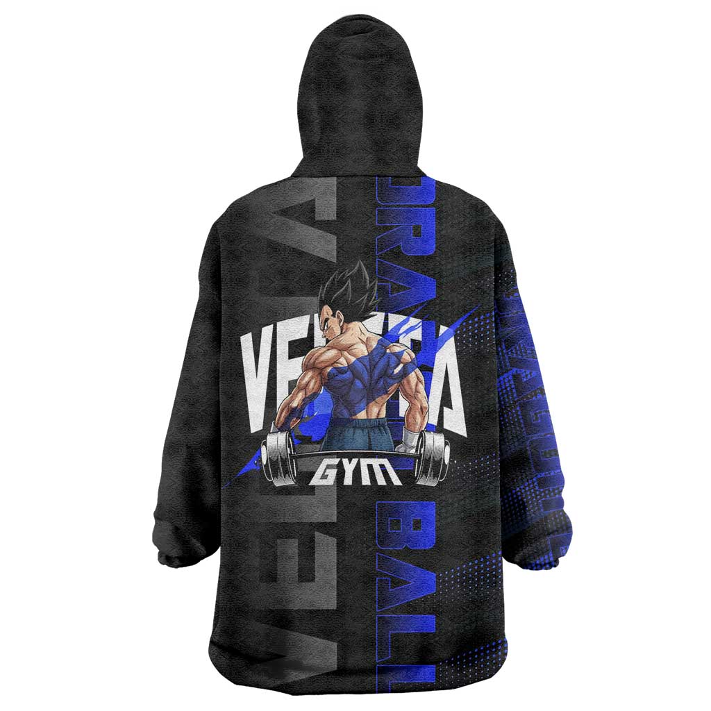 Vegeta Gym Theme Black and Blue Design Wearable Blanket Hoodie with Powerlifting Pose and Saiyan Armor Style - The Mazicc