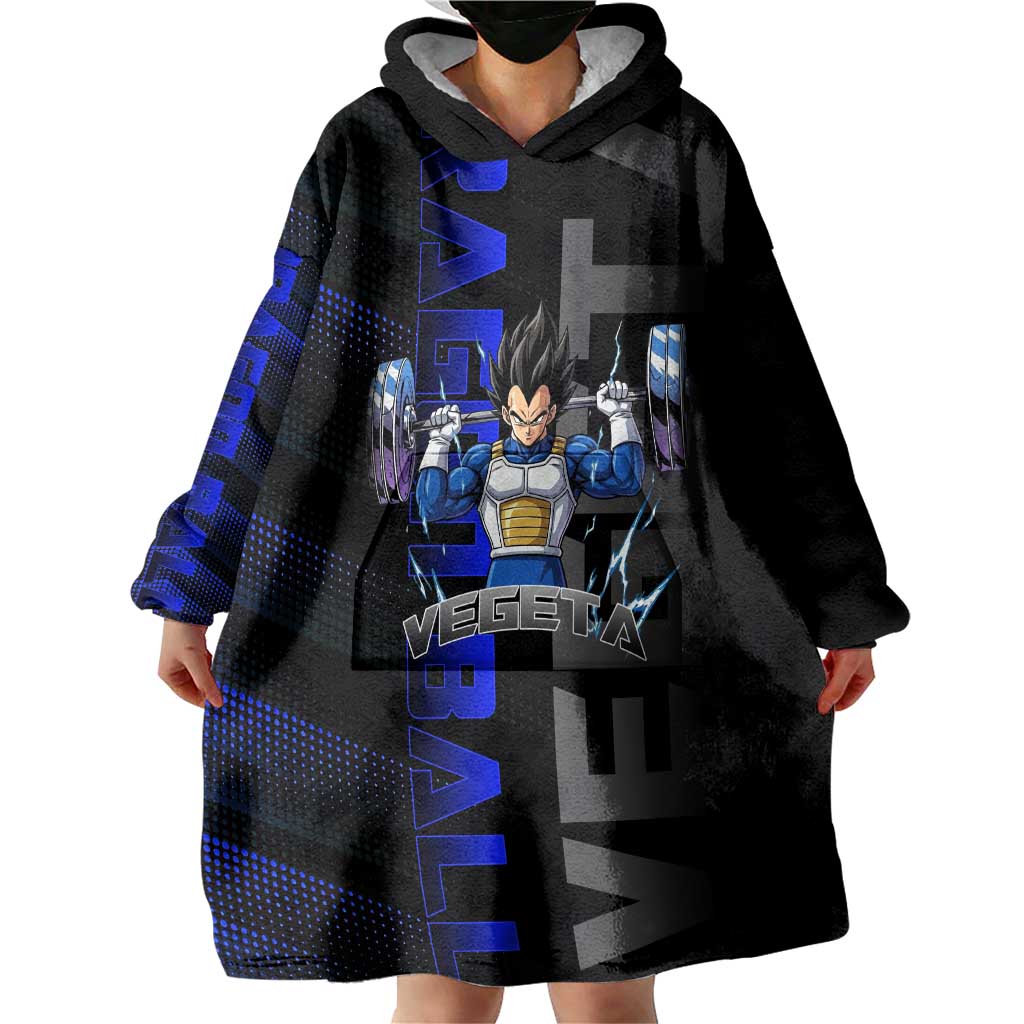 Vegeta Gym Theme Black and Blue Design Wearable Blanket Hoodie with Powerlifting Pose and Saiyan Armor Style - The Mazicc
