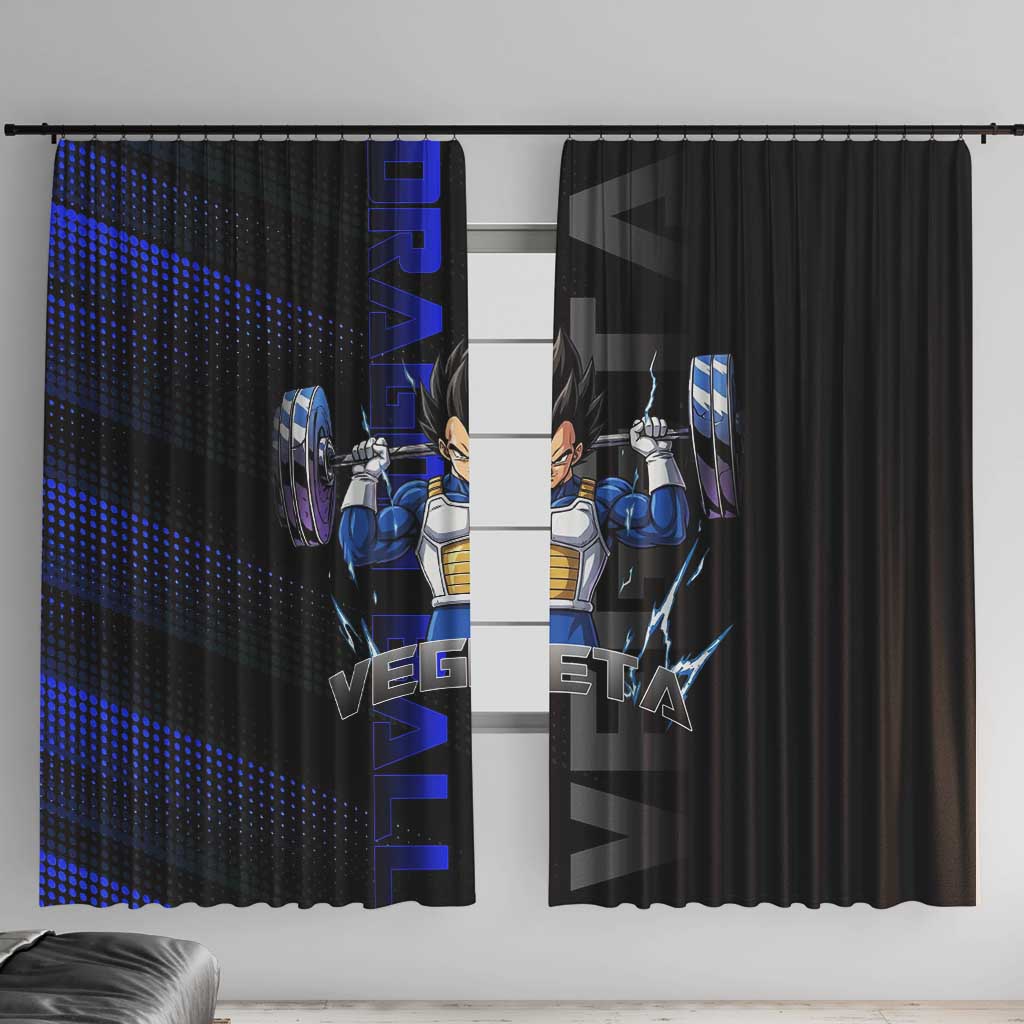 Vegeta Gym Theme Black and Blue Design Window Curtain with Powerlifting Pose and Saiyan Armor Style - The Mazicc