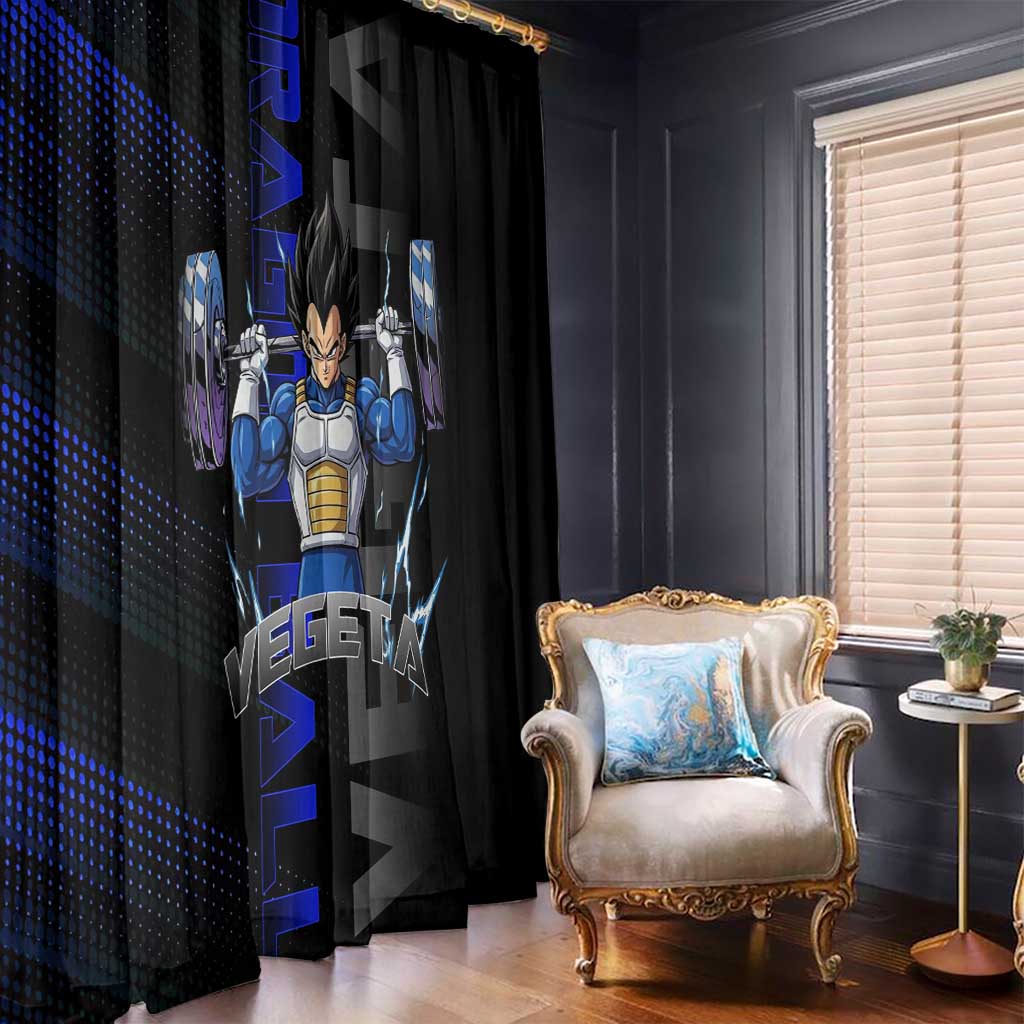 Vegeta Gym Theme Black and Blue Design Window Curtain with Powerlifting Pose and Saiyan Armor Style - The Mazicc