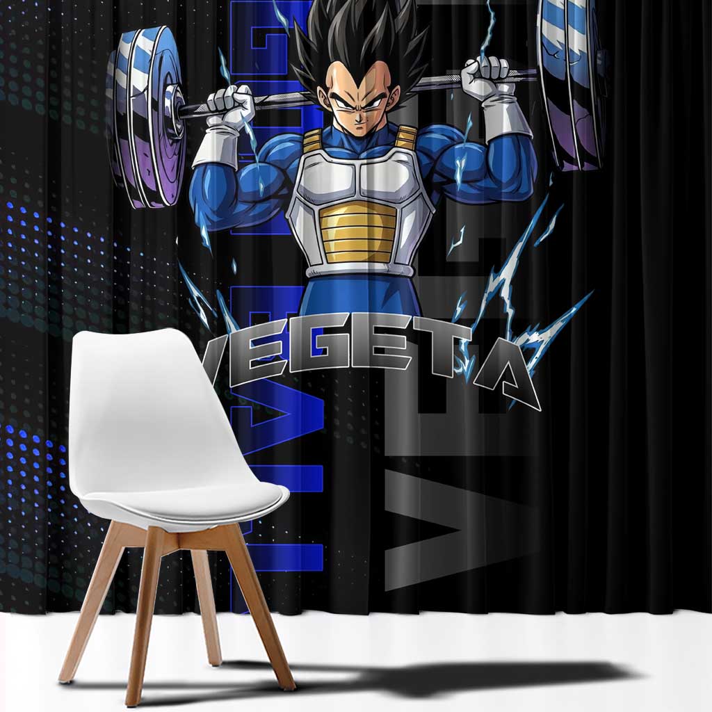 Vegeta Gym Theme Black and Blue Design Window Curtain with Powerlifting Pose and Saiyan Armor Style - The Mazicc