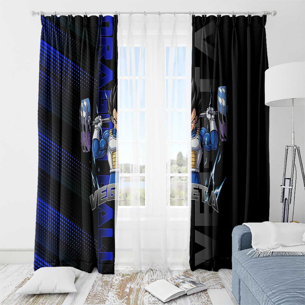 Vegeta Gym Theme Black and Blue Design Window Curtain with Powerlifting Pose and Saiyan Armor Style - The Mazicc