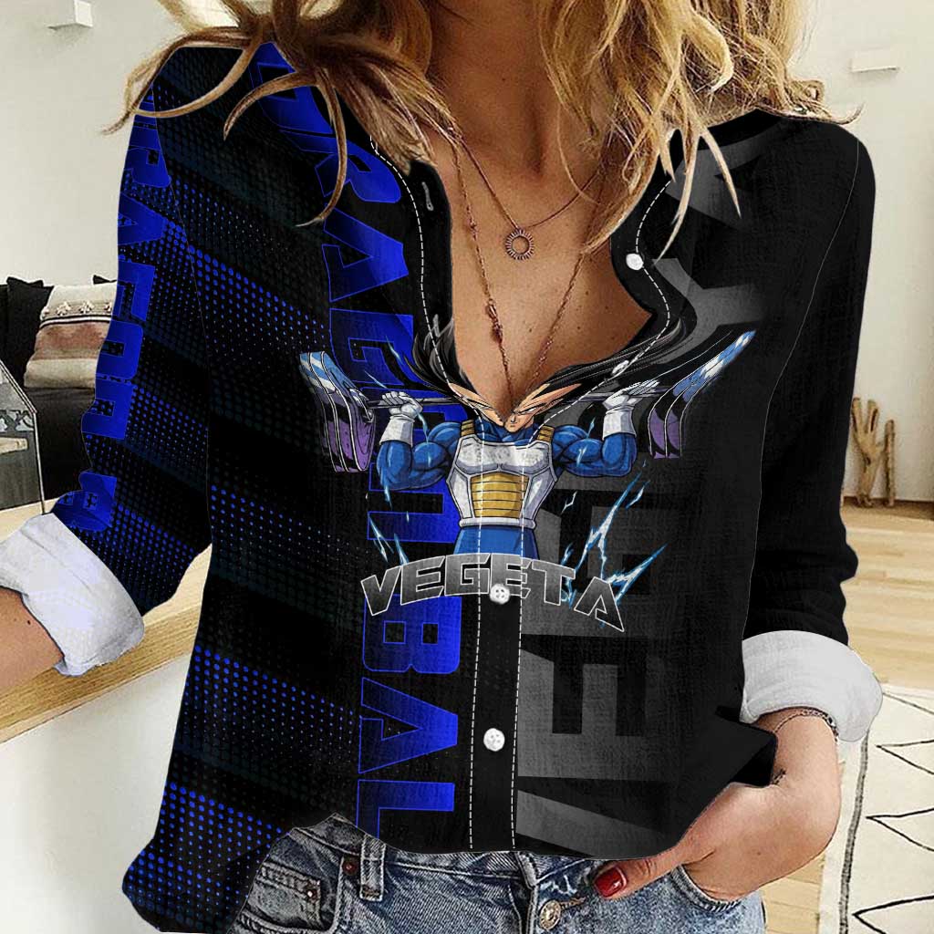 Vegeta Gym Theme Black and Blue Design Women Casual Shirt with Powerlifting Pose and Saiyan Armor Style - The Mazicc