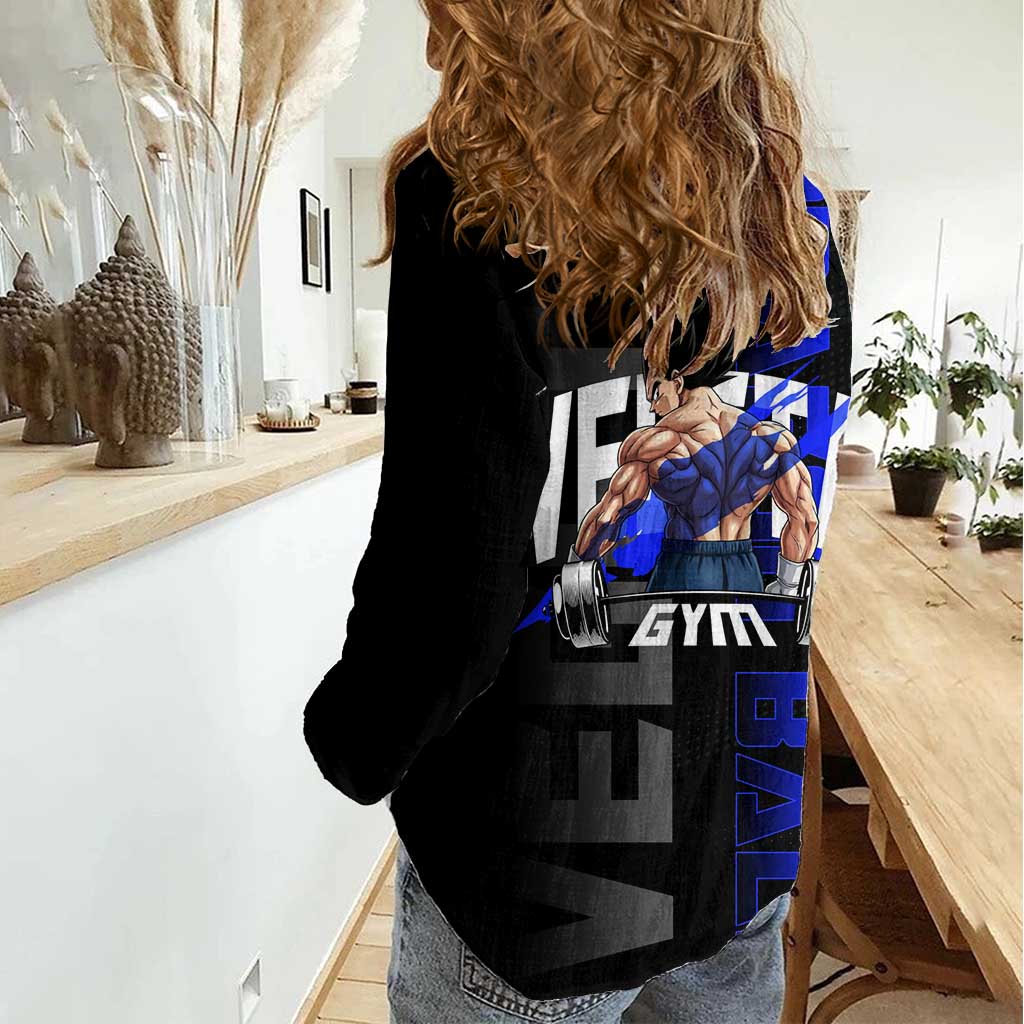 Vegeta Gym Theme Black and Blue Design Women Casual Shirt with Powerlifting Pose and Saiyan Armor Style - The Mazicc