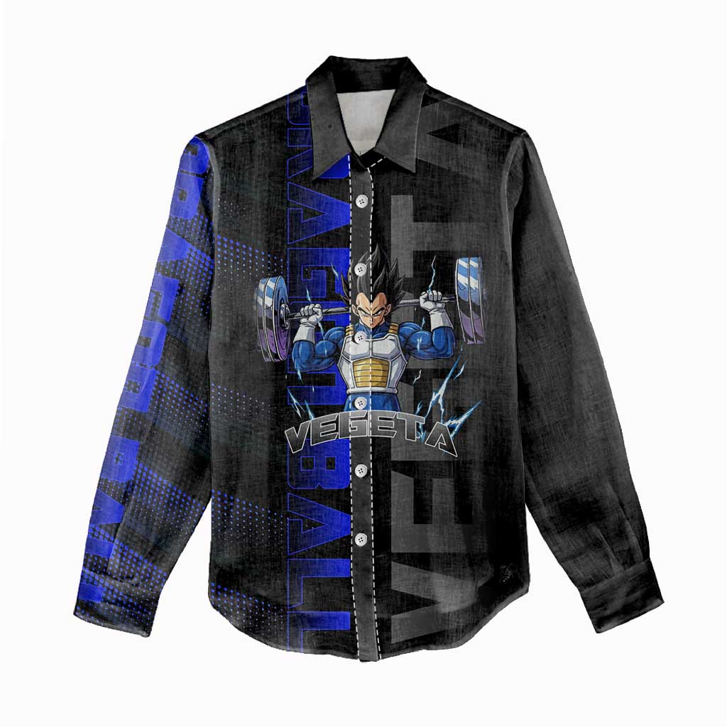 Vegeta Gym Theme Black and Blue Design Women Casual Shirt with Powerlifting Pose and Saiyan Armor Style - The Mazicc