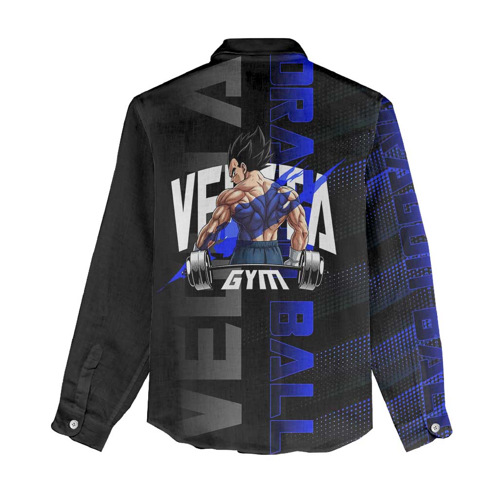 Vegeta Gym Theme Black and Blue Design Women Casual Shirt with Powerlifting Pose and Saiyan Armor Style - The Mazicc