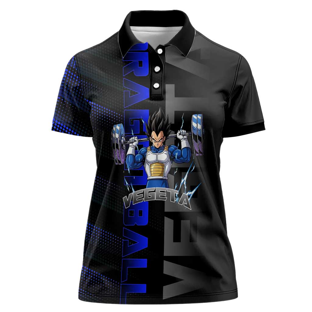 Vegeta Gym Theme Black and Blue Design Women Polo Shirt with Powerlifting Pose and Saiyan Armor Style - The Mazicc