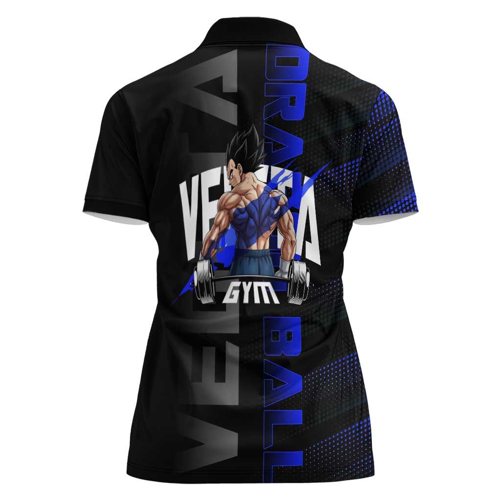 Vegeta Gym Theme Black and Blue Design Women Polo Shirt with Powerlifting Pose and Saiyan Armor Style - The Mazicc