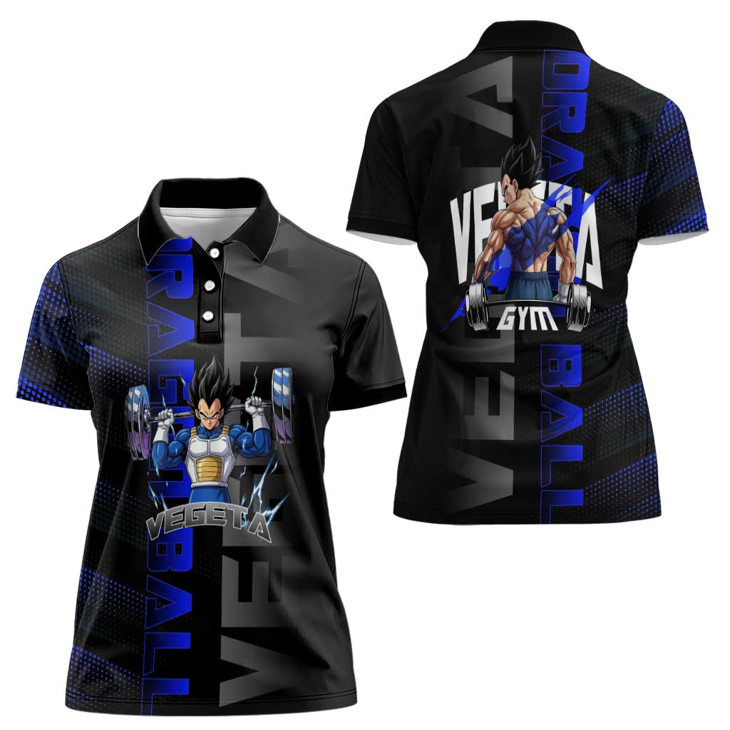 Vegeta Gym Theme Black and Blue Design Women Polo Shirt with Powerlifting Pose and Saiyan Armor Style - The Mazicc