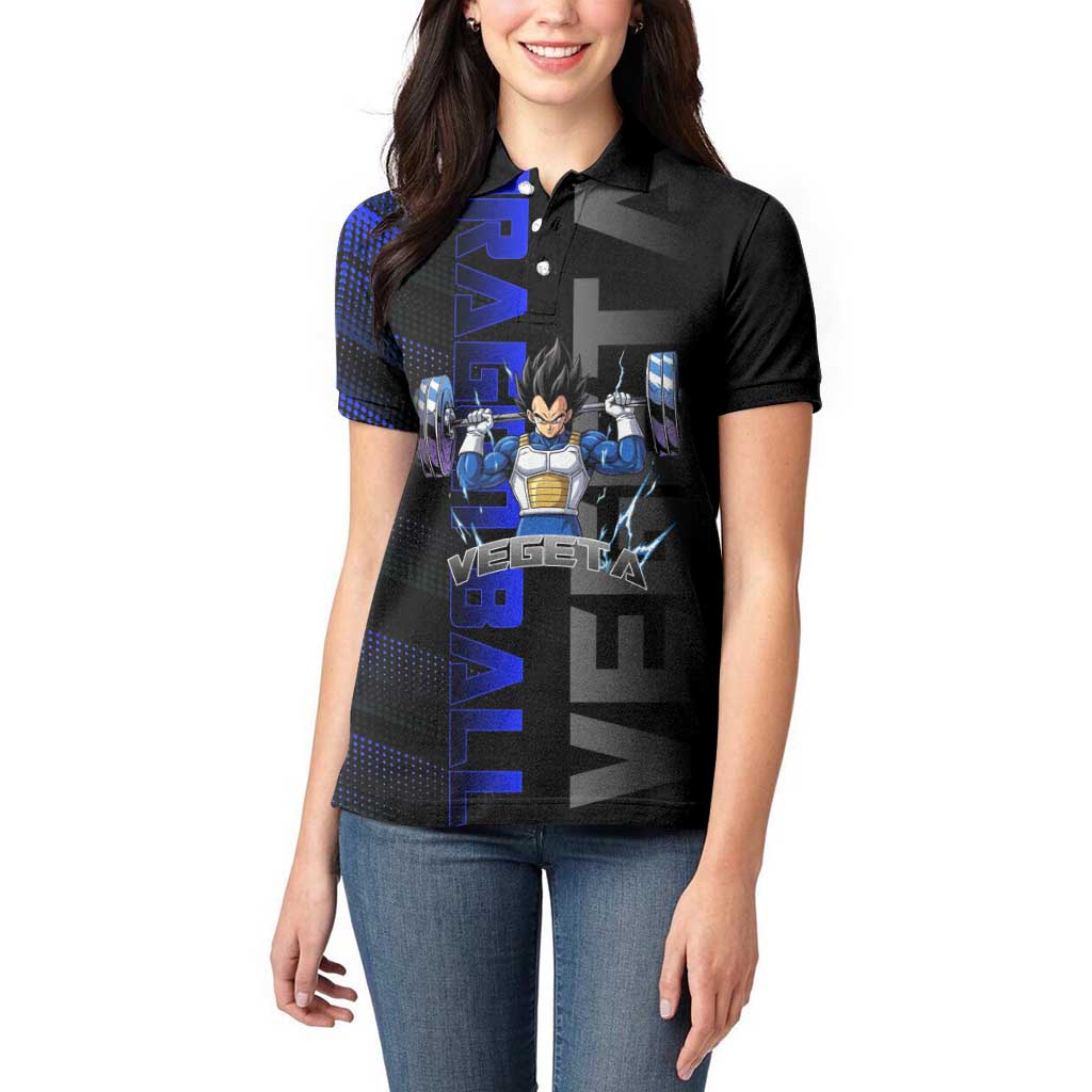 Vegeta Gym Theme Black and Blue Design Women Polo Shirt with Powerlifting Pose and Saiyan Armor Style - The Mazicc
