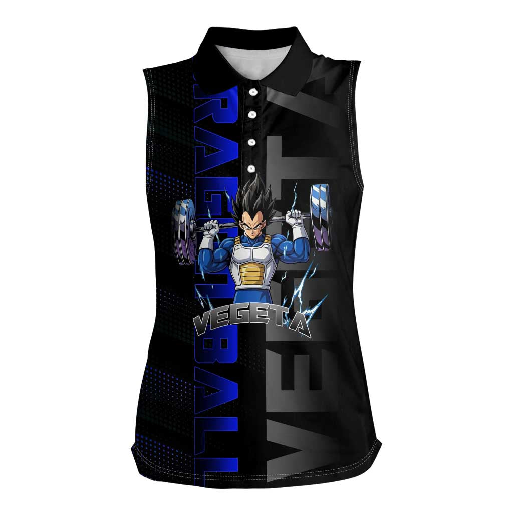 Vegeta Gym Theme Black and Blue Design Women Sleeveless Polo Shirt with Powerlifting Pose and Saiyan Armor Style - The Mazicc